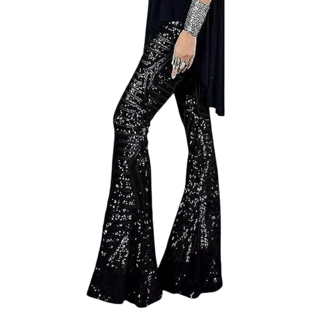 UOIGHF Black Sequin Pattern High Waisted Flare Wide Leg Pants